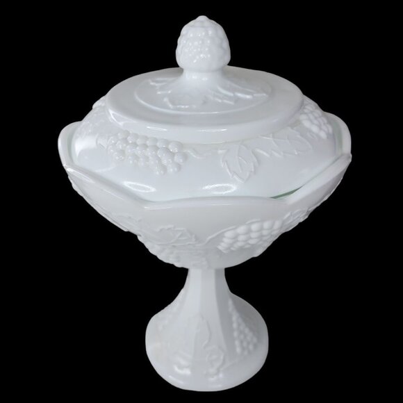 Candy Dish Lid White Milk Glass Pedestal Grape Leaf Design 10 Inch Tall Large - Picture 1 of 10